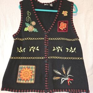 Holiday‎ Editions Black V-Neck Sweater Vest with Colorful Embroidery